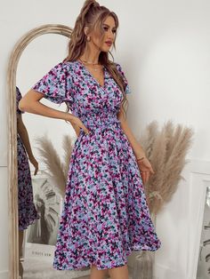 Features: Stay stylish and chic with the Amelia Floral Midi Dress. The elegant floral design is perfect for any occasion, and the V neckline and ruffle sleeve complement its classic, summery look. Crafted with high-quality materials, this lightweight A-line dress will keep you looking elegant and fashionable. Midi Floral Dress, Floral Boho Dress, Bleu Violet, Resort Dresses, Peasant Style, Midi Dress Casual, Midi Dress Summer, Crop Top Blouse, Elegant Floral