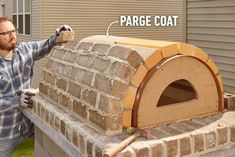 a man standing next to a brick oven with the words parge coat on it