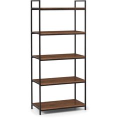 an iron and wood shelving unit with four shelves