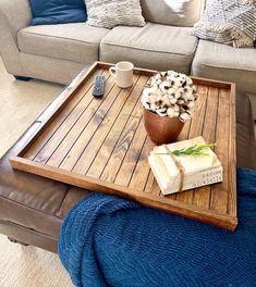 a coffee table with a tray on it