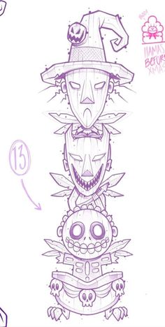 a drawing of three different faces with one wearing a hat and the other as a skull