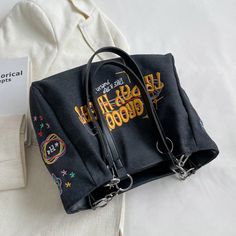 Color: Black Grunge Outfits Black, Embroidered Shoulder Bag, Back To School Bags, Embroidered Canvas, Skirt And Sneakers, Black Halter Dress, Trendy Summer Outfits, Bags Aesthetic, Trend Style