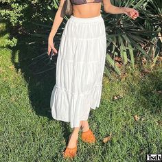 Fisdy - White Patchwork Maxi Dress: Lightweight, Relaxed Fit Casual Midi Skirt Midi Skirt Casual, Body Skirt, Inspo Fits, Elegant Party Dresses, Bodice Dress, Casual Outerwear, Half Skirt, Long Midi Dress, Outer Wear