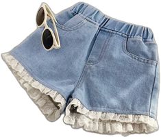 Mia Belle Girls Lace Trim Denim Shorts | Girls Casual Cute Summer Cotton Jeans, Cute Cotton Jeans For Summer, Cute Summer Denim Bottoms, Cute Denim Blue Jean Shorts For Summer, Cute Denim Bottoms For Summer, Non-stretch Cotton Jean Shorts For Summer, Cute Fitted Jeans For Summer, Cute Light Wash Bottoms For Summer, Cute Medium Wash Jeans For Summer