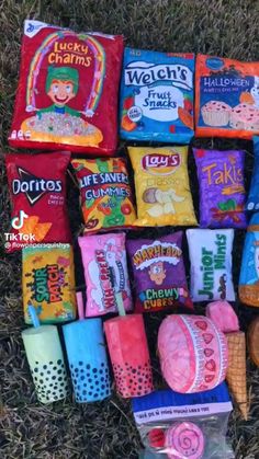 many different types of candy on the ground