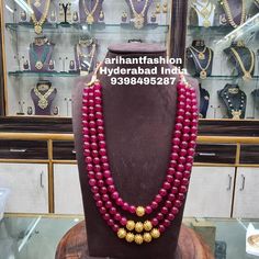 Most beautiful evergreen simply superb beeds mala decorated with gold nakshi balls Beads Haram Designs, Gold Balls Necklace Indian, Ruby Beads Jewellery Indian, Ruby Beads Mala, Latest Beads Jewellery Designs, Nakshi Balls, Ruby Mala, Gold Ball Necklace, Class Drawing