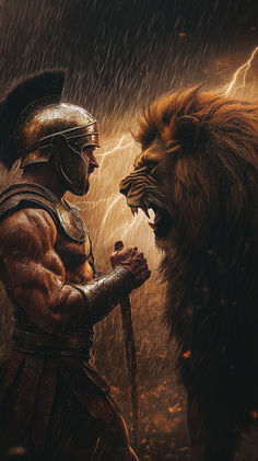 two men in armor are facing each other as a lion stands behind them with its mouth open