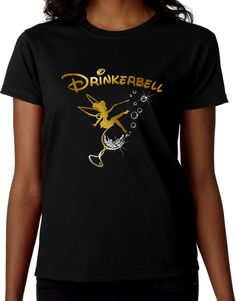 a woman wearing a black t - shirt with the words drinkebul on it