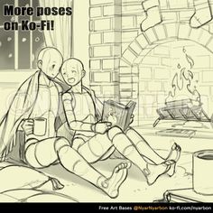 a drawing of two people sitting in front of a fire place with the caption more poses on ko - fi