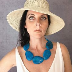 This AMAZING blue statement necklace was hand beaded using HUGE 70mm faceted aqua blue agate gemstones, separated by complimentary Czech glass beads.  It measures 22 inches in length and is secured with a sterling silver toggle clasp.  This jewel tone color is simply gorgeous - different shades of Carribbean blue are displayed throughout in gorgeous fish scale like patterns.  I guarantee compliments with this necklace!  Length can be adjusted if need - just ask :) Check out more fabulous jewelry Blue Gemstone Necklace, Blue Statement Necklace, Jewel Tone Colors, Agate Necklace, Blue Agate, Blue Necklace, Fabulous Jewelry, Blue Gemstones, Jewel Tones