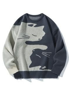 Men's Cat Printed Round Neck Sweater , Drop Shoulder Baggy Crew Long Sleeve Pullover , Graphic Color Block Dark Grey Going Out Academia Friends Multicolor Casual  Long Sleeve Fabric Cartoon Pullovers Slight Stretch  Men Clothing, size features are:Bust: ,Length: ,Sleeve Length: Cute Sweaters Men, Cozy Clothes Men, Baggy Sweater, Cool Sweater, Sweaters Men, Baggy Sweaters, Oversized Clothes, Mens Sweaters, Cat Sweater