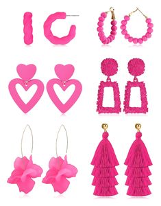 PRICES MAY VARY. 🌸【Hot Pink Earrings】A set of 6pairs statement earrings in hot pink,twisted rope round hoop earrings,bead hoop earrings,double heart earrings,floral drop earrings,tassel dangle earrings and rectangle drop earrings. These statement earrings will add more fun and cuteness to your outfit,sweet but personality. 🌸【Lightweight & Comfortable】Our exquisite dangle earrings are made of high quality tassel,acrylic or alloy,nickel-free and lead-free,hypoallergenic,will not tarnish. Lightwe Pink Accessories Outfit, Pink Products, Pink Statement Earrings, Lover Earrings, Hot Pink Earrings, Pink Heart Earrings, Barbie Inspired, Hari Valentine, Valentines Earrings