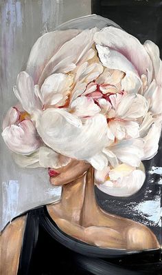 a painting of a woman with large white flowers on her head