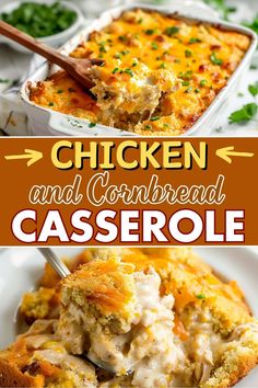 chicken and cornbread casserole in a white dish with a wooden serving spoon