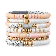 PRICES MAY VARY. Pink Stackable Bracelets: This surfer heishi clay bead bracelets set includes 7 unique bracelets, featuring 6 distinct compositions of gold-plated beads, polymer clay beads in shades of pink, gray, and white. And an additional bracelet composed of gold-plated round beads. With a dominant pink hue, these bracelets add a pop of color and style to your everyday ensemble. Great Material: Our friendship bracelets are crafted with care, strung by hand with pearl beads, 14K gold-plated Mommy And Me Clay Bead Bracelets, White And Gold Clay Bead Bracelet, Clay Bead Bracelet Aesthetic, Ideas For Clay Bead Bracelets, Pink Clay Bead Bracelet Ideas, Clay Bead Brackets, Clay Beads Bracelet Ideas, Clay Bracelet Ideas, Cute Beaded Bracelets