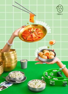 a woman holding a bowl of food with chopsticks above it and other dishes on the table