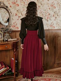 ❤Ruffle Frilled Lace Shirt + Corset Ruffle Skirt❤ School Outfit Korean, Elegant Women Suits, Suits Vintage, Outfit Korean Style, Shirt And Skirt, Frill Skirt, Burgundy Skirt, Long Maxi Skirt, Back To School Outfit