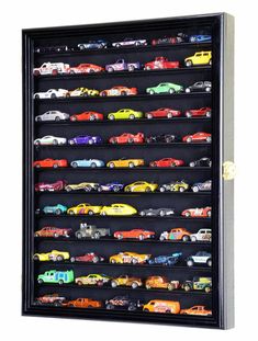 a display case filled with lots of toy cars