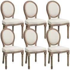 six chairs with white upholstered back cushions