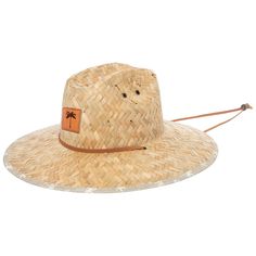 Mens Straw Lifeguard with Palm Tree Printed Under-brim (RSM5960)-LIFEGUARD-San Diego Hat Company Brown Flat Brim Palm Leaf Sun Hat, Straw Lifeguard Hat, Summer Straw Hat For Rodeo, One Size, Coastal Wide-brim Straw Panama Hat, Lifeguard Hat, Palm Tree Print, The Palm, Leather Patches, Upf 50