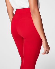 This smoothing pant comes in our premium ponte fabric with targeted compression built in, powered by SPANX CoreSure Tech™. With comfortable 4-way stretch and a high rise waist, this slim straight pant will have you feeling smooth from tummy to thigh, and oh-so-comfortable throughout the leg. No zippers, no buttons, and no pockets (so no bulk!) at the hips—all for the ultimate smoothing effect. | Spanx Women's SPANXsmooth PerfectFit Ponte Slim Straight Pant Modern High-waist Elastane Bottoms, Compressive Athleisure Bottoms For Workwear, Compressive Elastane Leggings For Work, Compressive Solid Bottoms For Workwear, High Rise Pants With 4-way Stretch And Contoured Waistband, High Rise Pants With Contoured Waistband And 4-way Stretch, High Rise Pants With Contoured Waistband, Athleisure Elastane Pants For Workwear, Micro-elastic Elastane Pants With Contoured Waistband