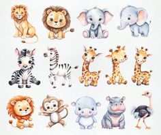 a watercolor drawing of different kinds of animals