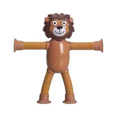 a wooden toy with a lion face on it's head and arms stretched out