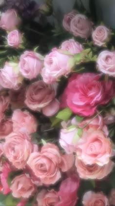 a bunch of pink roses with green leaves