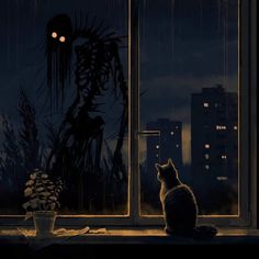 a cat sitting on a window sill looking out at the night sky and building