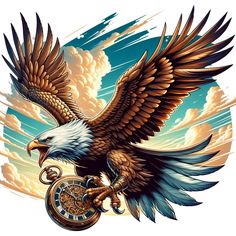 an eagle is flying with its wings spread and holding a clock in it's claws