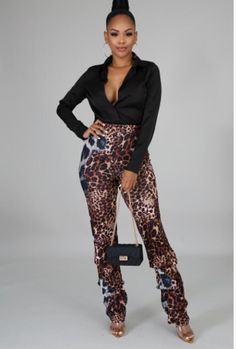 leopard print high waist ruched leg pants Ruched Pants, Animal Print Pants, Heels High, Print Pants, Mock Neck Top, Round Neck Tops, Knit Crop Top, Knit Set, Printed Pants