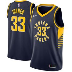 the indiana pacers'nike basketball jersey is shown in blue and yellow, with white lettering