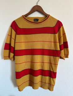 vintage striped sweater shirt knit wide stripe 60s mod atomic 1960s, red mustard gold short sleeve sweater surfer, Bardoni men's M unisex 40" chest  >> Please double check your measurements & compare to these listed below, for accurate sizing. Vintage often runs small, so don't rely on the tag size.  Tag reads: Bardoni M 100% acrylic made in Korea   Measurements taken flat/unstretched : *Chest Width, armpit to armpit: approx 20" (40" chest) *Shoulder seam to shoulder seam: raglan  *Length, from