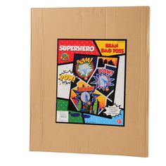 a cardboard box with an image of comic books on the front and back cover in different colors