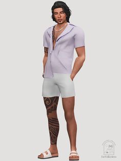 a man with tattoos wearing white shorts and a purple shirt