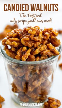 A clear jar, overflowing with candied walnuts. Air Fryer Candied Almonds, Candied Walnuts In Air Fryer, Candied Walnuts Easy Air Fryer, Recipes Using Whole Almonds