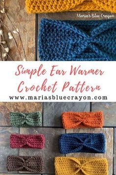 four crocheted headbands with the words, simple ear warmer crochet pattern