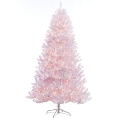 a pink christmas tree with white lights on the top and branches in the bottom, against a white background