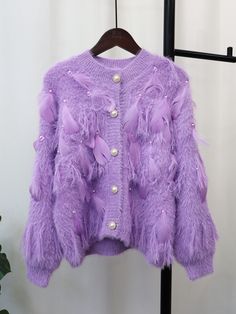 Lavish Lavender Feather-Embellished Cardigan The Cardigans, Embellished Cardigan, Cardigan Sweater Coat, Pink Purple Blue, Knit Sleeve, Sweater Coat, Milky White, Sweaters And Leggings, Mink Fur