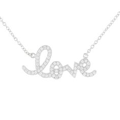 We are crushing on this sentimental and sweet delicate Love script necklace. This sparkling symbol of love strikes a perfect balance between sweet sentiment and style. Truly timeless this sparkling cubic zirconia necklace will have you falling in love.Details:• Round Brilliant Cubic Zirconia Stones• 18k Yellow Gold Plated or Rhodium Plated Sterling Silver• Length: Adjustable from 16 inches to 18 inches • Pendant Length: 27mm • Pendant Width: 12mm Delicate Necklaces For Wedding On Valentine's Day, Cubic Zirconia Necklace For Wedding On Valentine's Day, Elegant Necklace For Valentine's Day, Elegant Necklace For Valentine's Day Special Occasion, Delicate Wedding Necklaces For Valentine's Day, Elegant Silver Necklace For Special Day, Silver Diamond Necklace For Wedding On Valentine's Day, Dainty Diamond Necklace For Valentine's Day Wedding, Personalized Sterling Silver Diamond Necklace For Wedding