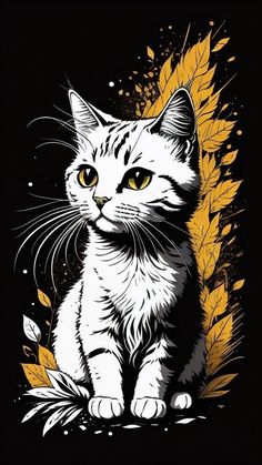 a white cat with yellow eyes sitting in front of a black background and some leaves