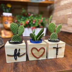 three wooden blocks with plants in them on a table