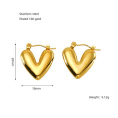 Material: Stainless Steel Fashion Element: Irregular Style: Europe and America Yellow Gold Metal Earrings For Valentine's Day, Valentine's Day Yellow Gold Metal Earrings, Valentine's Day Yellow Gold Earrings, Gold Heart Earrings Modern Style, Modern Gold Heart Earrings For Pierced Ears, Modern Gold Heart Earrings For Anniversary, Modern Gold Heart-shaped Earrings, Trendy Gold Plated Anniversary Earrings, Elegant Metal Hoop Earrings For Valentine's Day