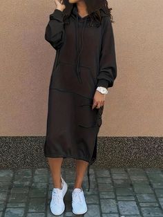 Plus Size Women Solid Color Long Sleeve Drawstring Hooded Side Slit Hem Casual Maxi Sweatshirt Dress Black   Long Sleeve Polyester Plain  Medium Stretch  Women Outdoor Apparel, size features are:Bust: ,Length: ,Sleeve Length: Long Hoodie Dress, Casual Confortable, Dress Black Long Sleeve, Mode Casual, Hooded Dress, Womens Tights, Fabric Collars, Inspiration Mode, Sweatshirt Dress