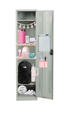 an open locker filled with school supplies