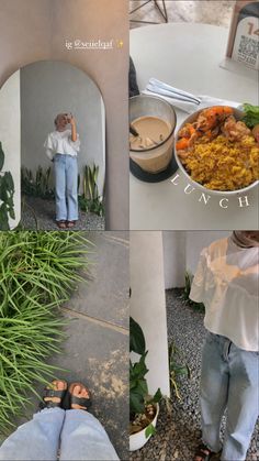 a collage of photos showing people eating and drinking from different bowls on the ground