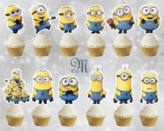 twelve minion cupcakes with frosting on them