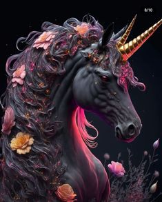 an artistic painting of a unicorn with flowers on its head