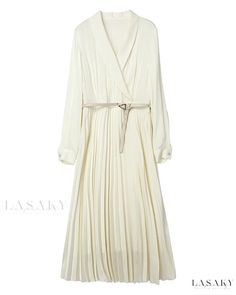 Lasaky - Premium Silk Patchwork Maxi Dress featuring Elegant Pleated Ruffles Spring White Pleated Workwear Dress, White Pleated Dress For Spring Workwear, White Pleated Spring Dress For Work, White Pleated Dress For Workwear In Spring, Long Sleeve Pleated Cream Dress, Cream V-neck Pleated Dress, Cream Pleated V-neck Dress, Cream Pleated Dress For Fall, White Pleated Maxi Dress For Fall