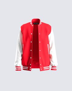 You will never be runner-up in this red varsity logo jacket 🙌 Made from a structured woolen body fabric + faux leather sleeves, this look is complete with stripe ribbed cuffs and collar, chenille finesse patch, snap front closures, and welt pockets ❤️ Red And White Jacket, Varsity Jacket Outfit, Black Cropped Jacket, Pink Tweed Jacket, Black Off Shoulder Top, Christmas Jacket, Patch Jacket, Cards Easy, Feather Jacket